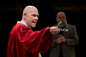 Royal Exchange - THE CRUCIBLE Peter Guinness (Dept Governor Thomas Danforth) & Stephen Kennedy (Rev. Samuel Parris) photographer Jonathan Keenan